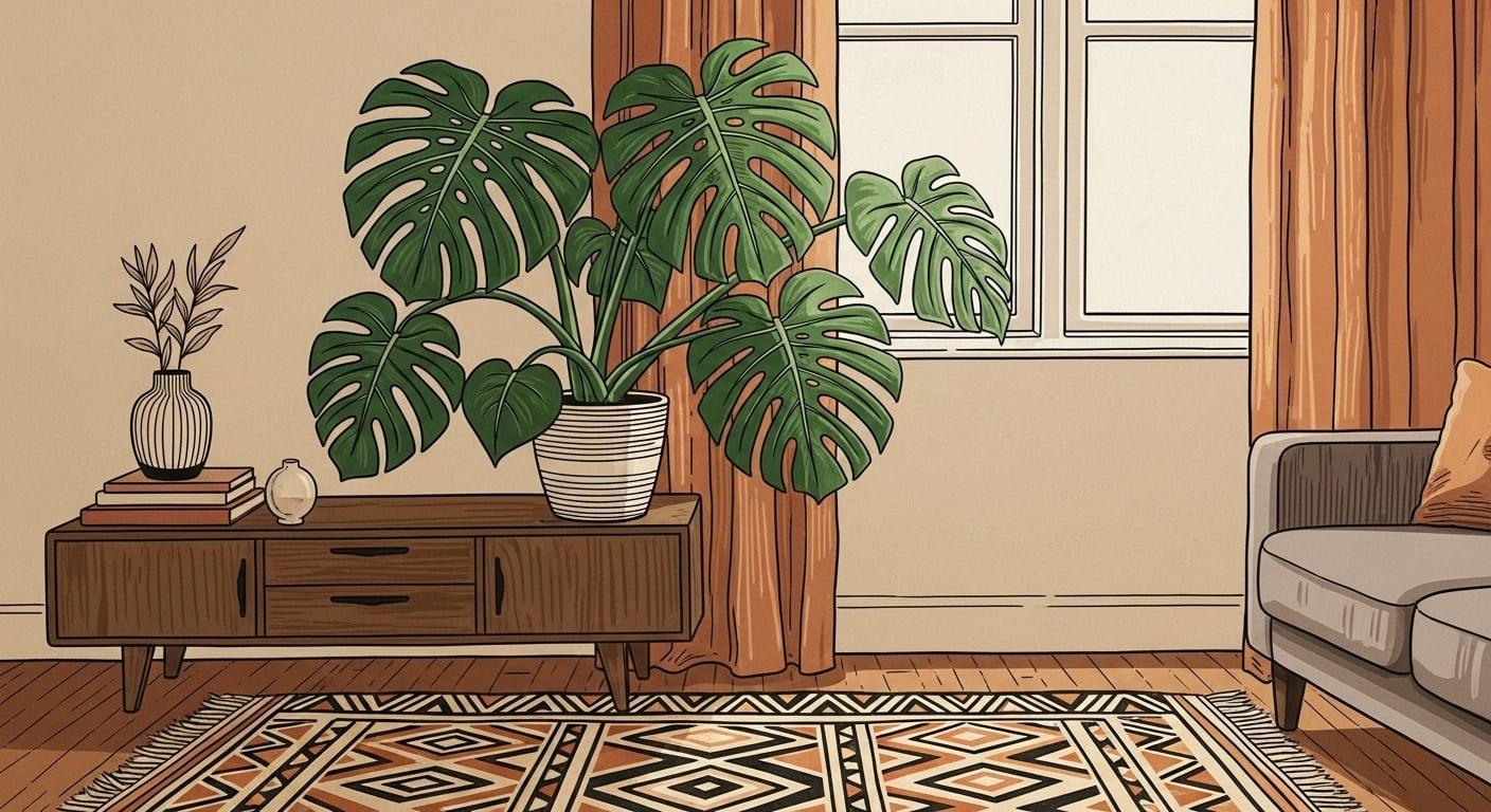 An illustration of a cozy living room with a large Monstera plant in a striped pot as the main focus. The plant sits on a mid-century modern wooden credenza next to a window with orange curtains. A patterned rug and a portion of a grey sofa are also visible, creating a warm and inviting atmosphere.