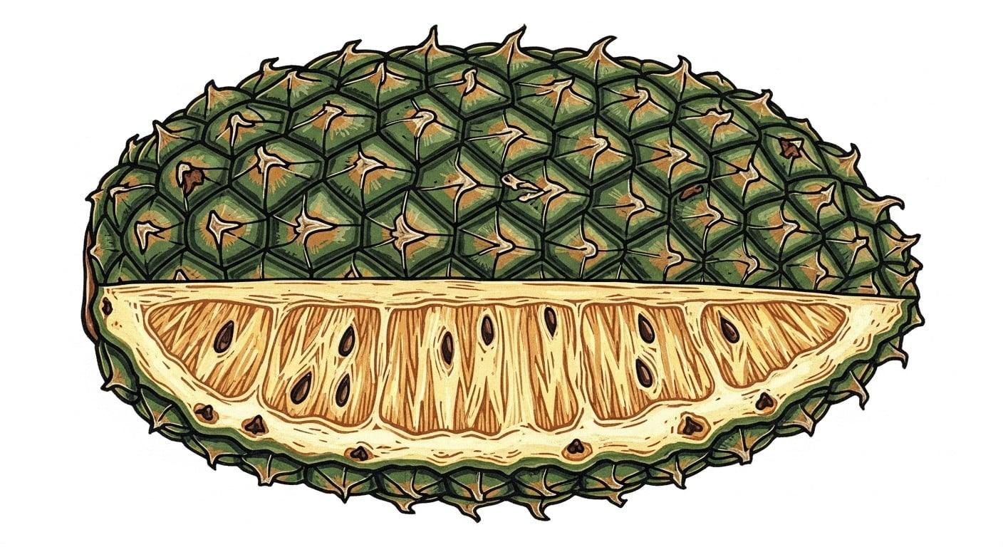 A linocut illustration of a half-eaten Monstera Deliciosa fruit, showing its hexagonal scales and pineapple-like texture inside