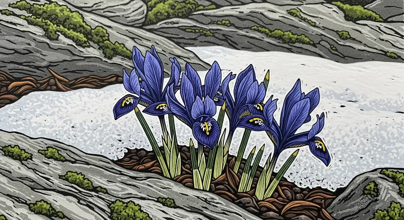 Linocut style illustration of several blue and purple dwarf iris flowers blooming in a rock garden, representing early spring perennial bulbs.