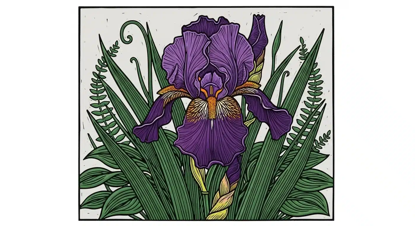 A beautiful linocut illustration of purple irises blooming in a garden, the result of proper care like dividing irises.