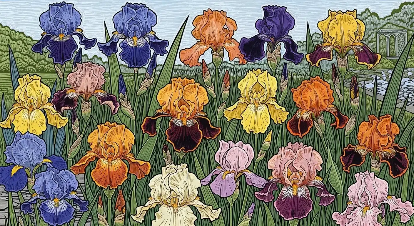 A beautiful photo collage of several stunning summer iris varieties blooming in a garden, showcasing all-season color. in linocut style