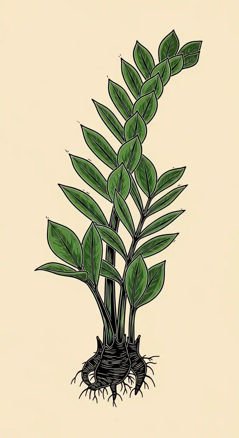 Linocut style botanical illustration of ZZ Plant plant showing complete care guide