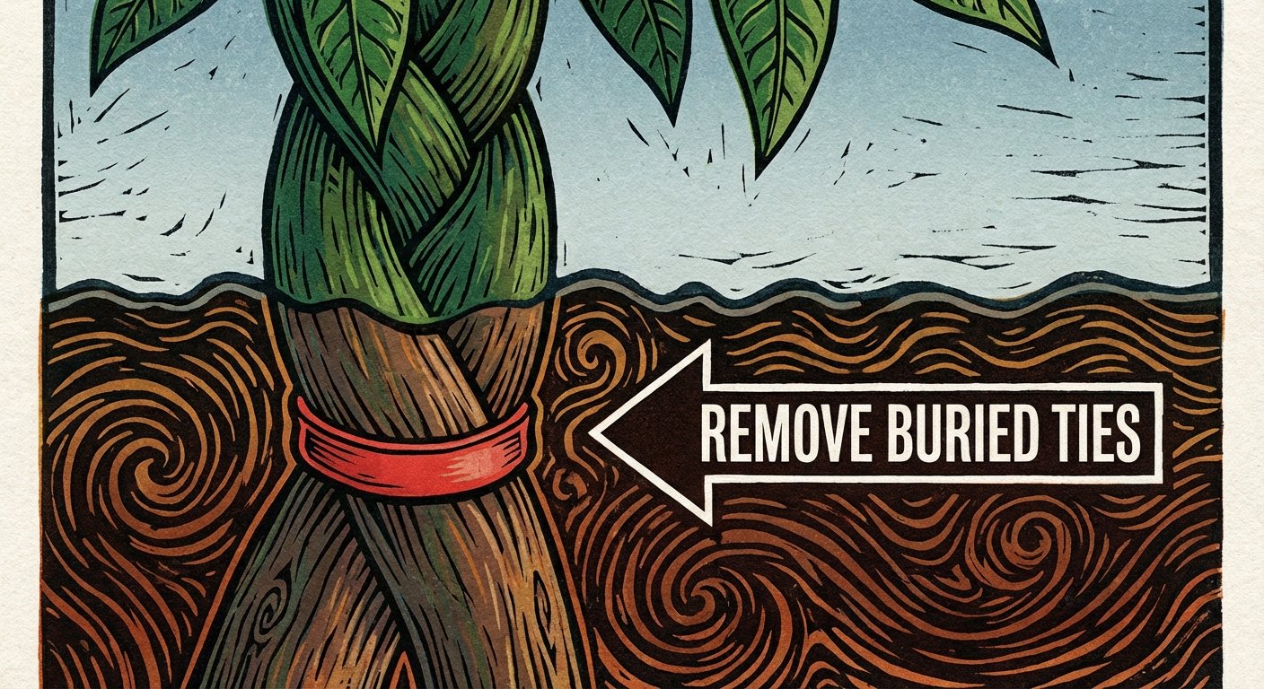 Money Tree Care: Illustration of buried rubber bands strangling a Money Tree trunk.