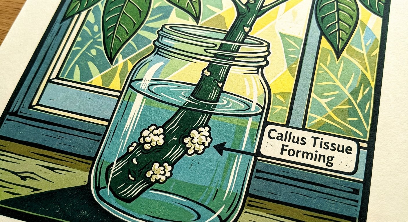 Money Tree Care: Illustration of callus tissue forming during water propagation.
