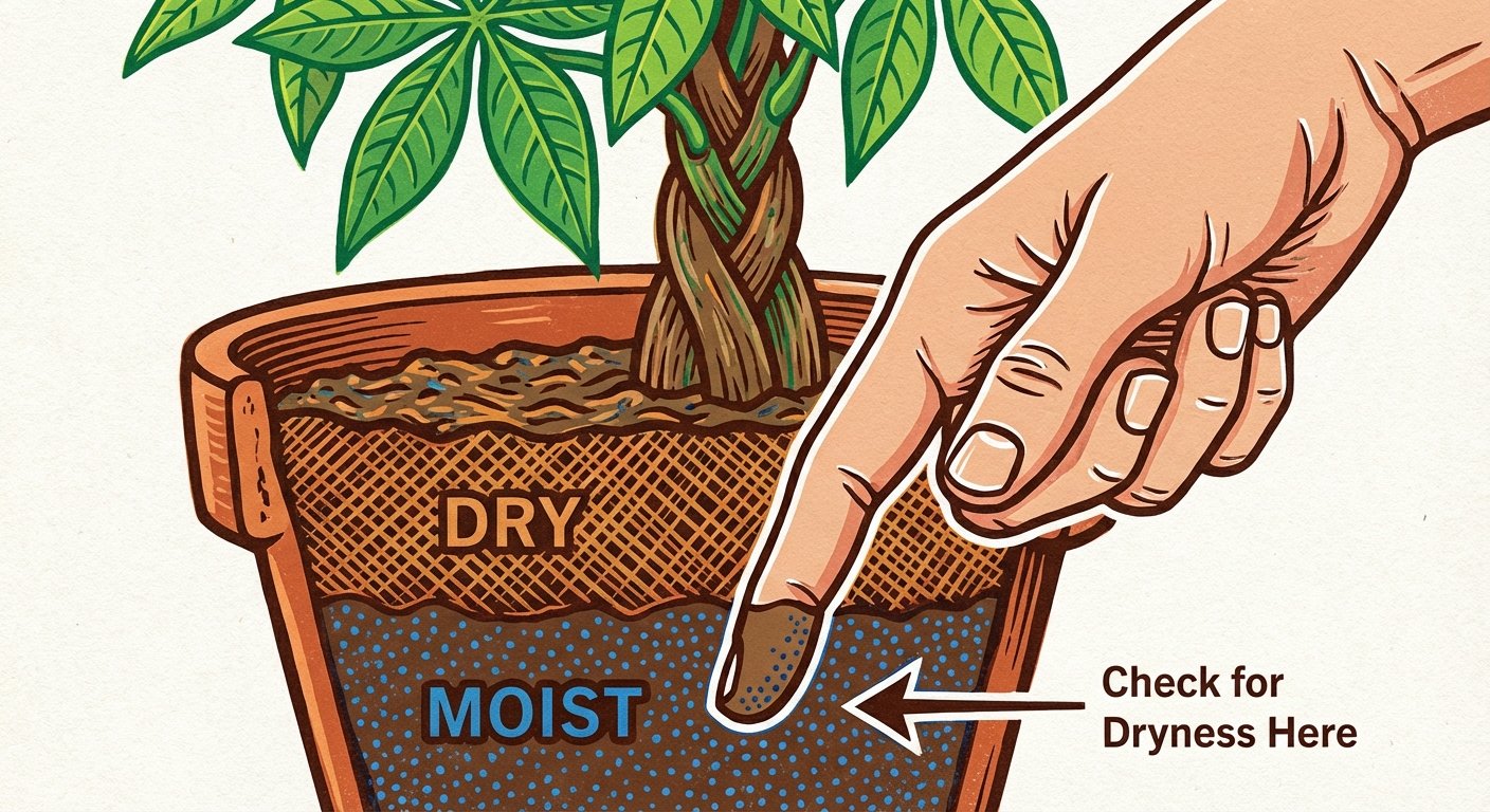 Money Tree Care: Illustration of checking soil moisture using the finger test.