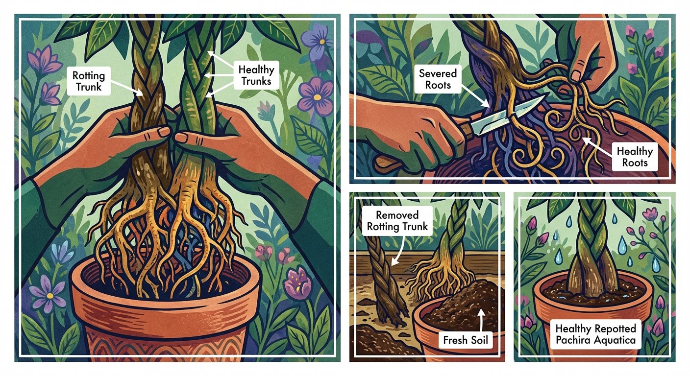 Removing a rotting trunk from a braided Pachira aquatica to save the plant.