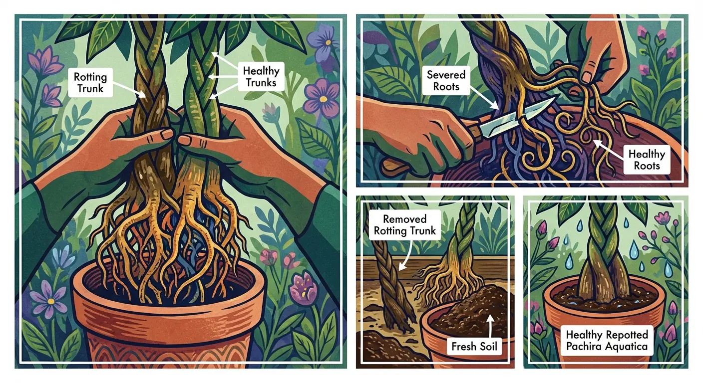 Removing a rotting trunk from a braided Pachira aquatica to save the plant.