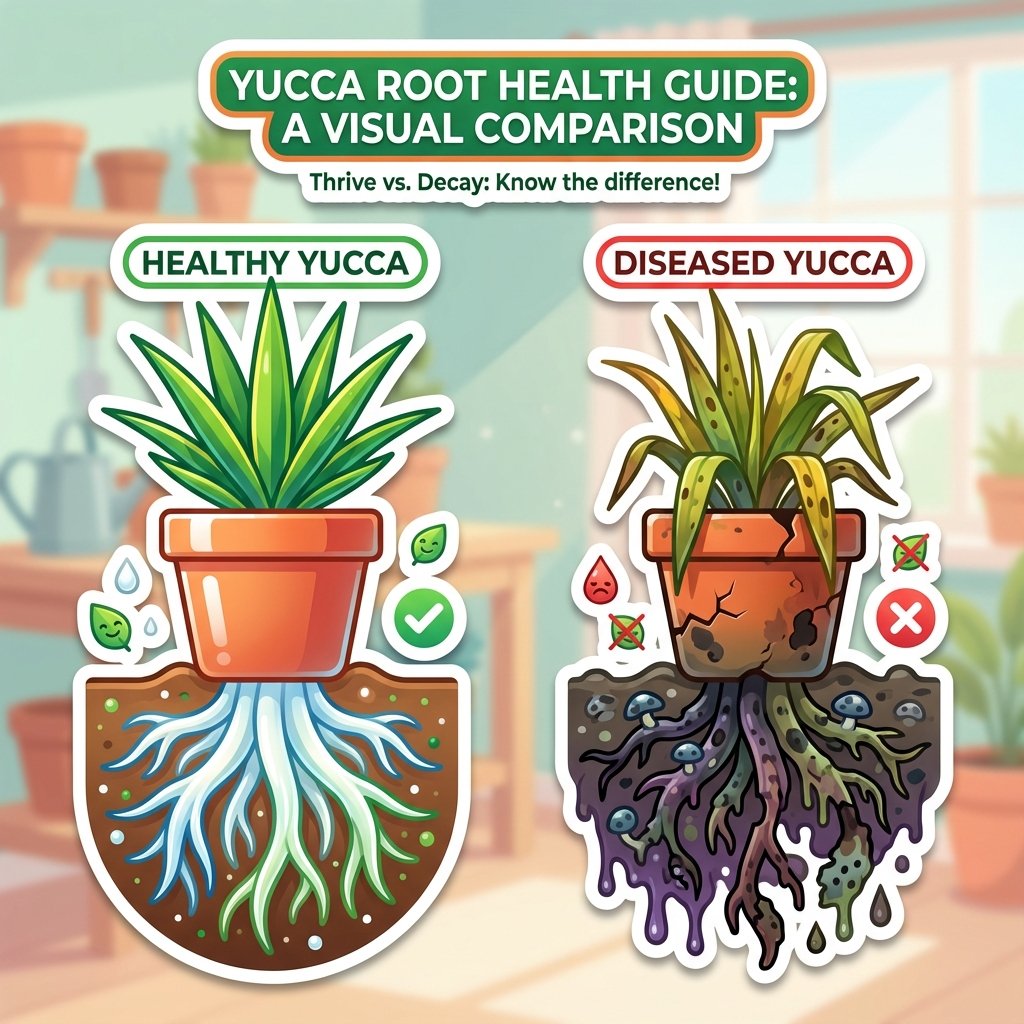Yucca can live outside: Comparison of healthy white roots versus black root rot.