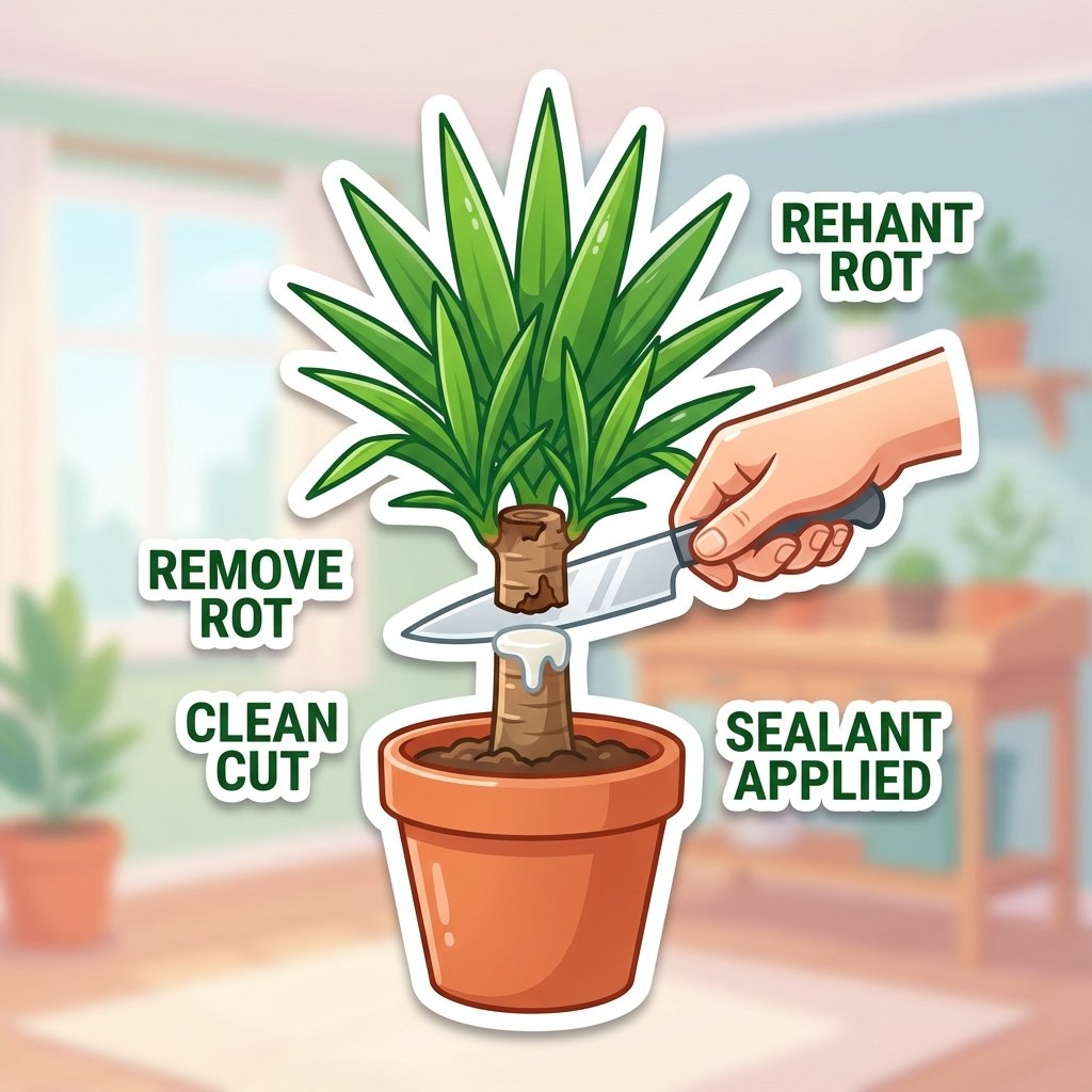 Yucca can live outside: Surgical stem amputation to remove rot and save the plant.