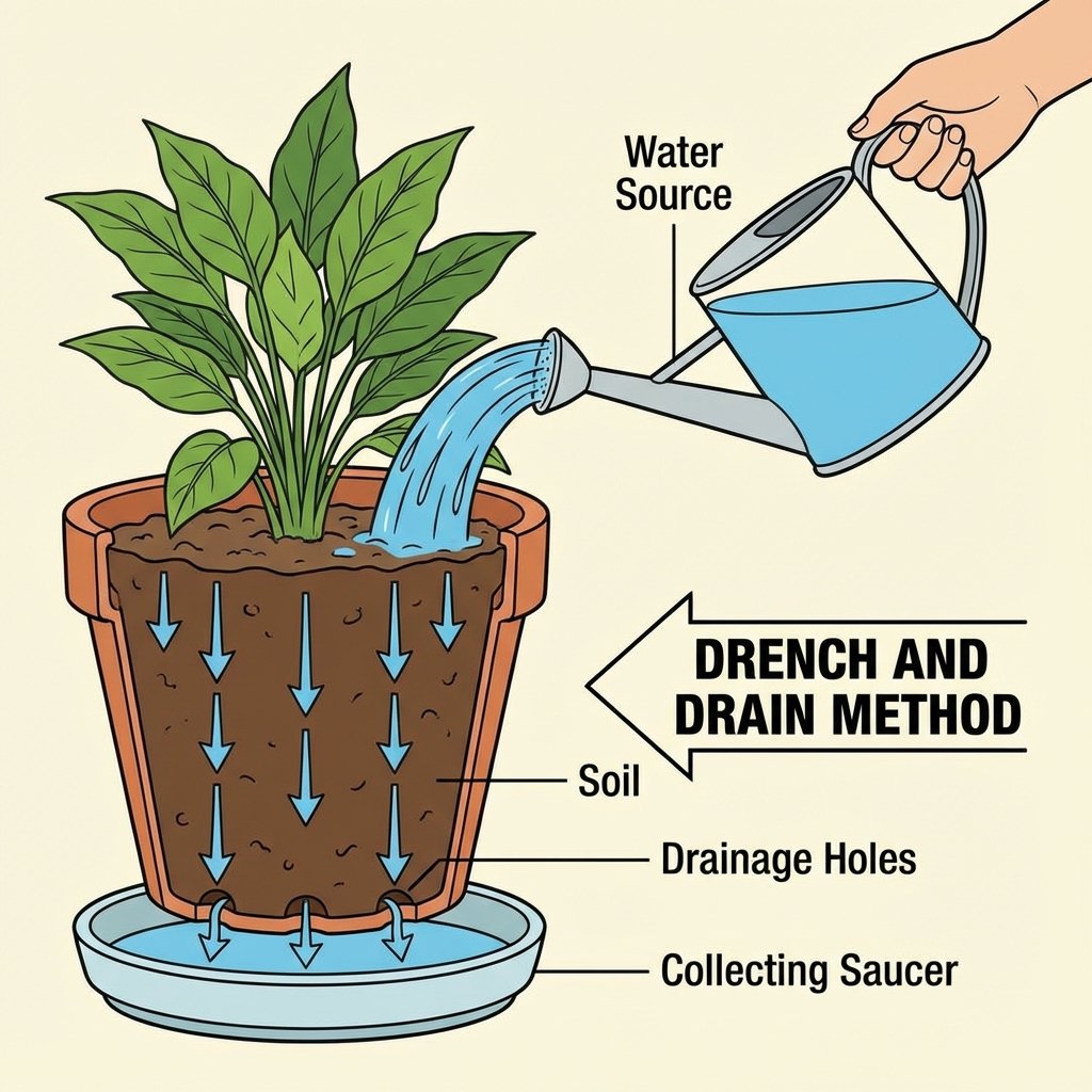 Diagram for How Often to Water Yucca: 7-Day Schedule + Signs of Overwatering: Diagram showing 'Drench and Drain' watering method...