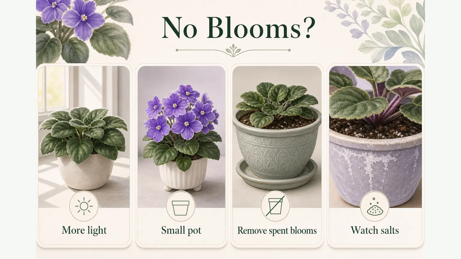 Illustrated African violet bloom troubleshooting guide for light, pot size, spent blooms, and salt buildup