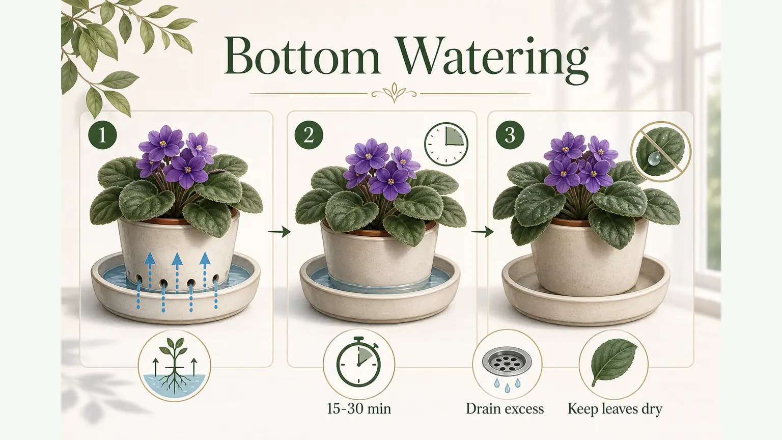Illustrated African violet bottom watering guide with saucer, drain step, and keep leaves dry label