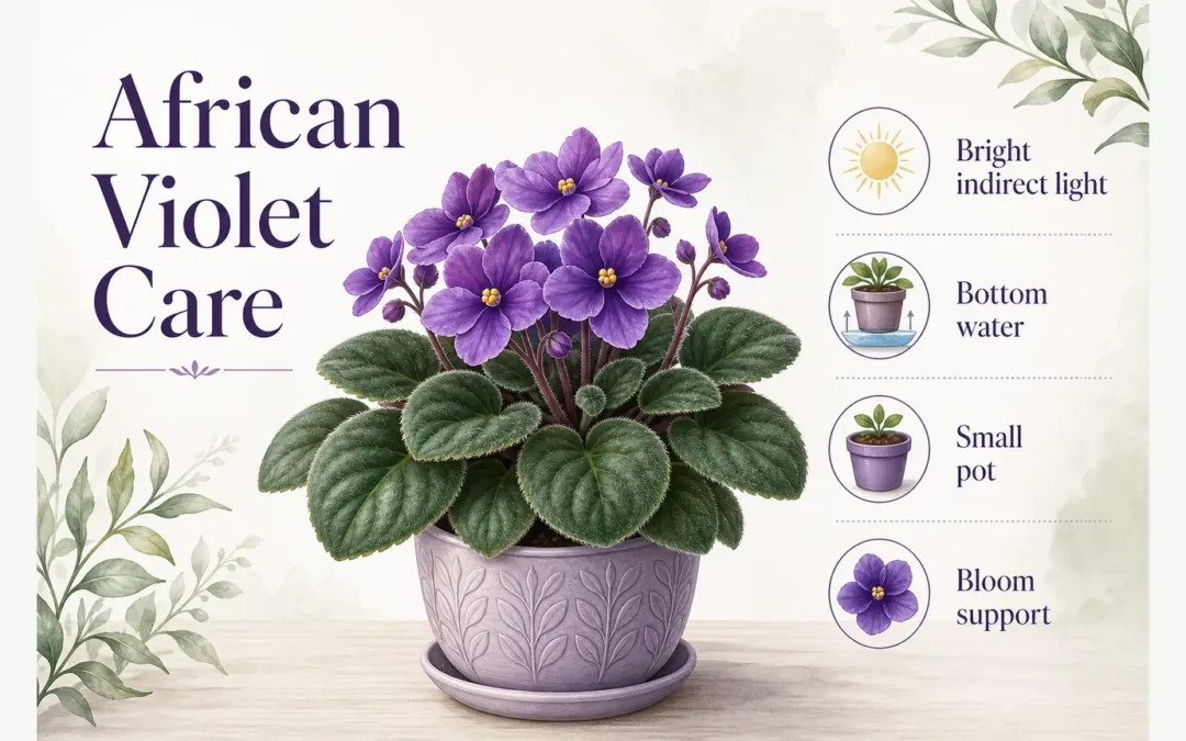 Illustrated African violet care guide with light, watering, soil, pot size, and bloom support labels