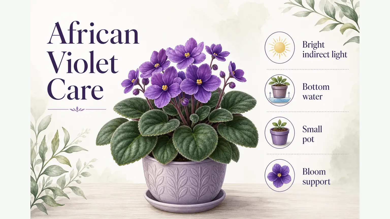 Illustrated African violet care guide with light, watering, soil, pot size, and bloom support labels