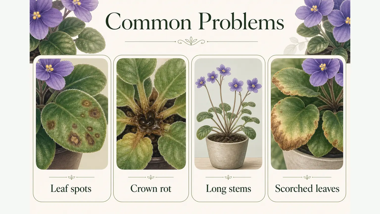 Illustrated African violet common problems guide showing leaf spots, crown rot, long stems, and scorched leaves