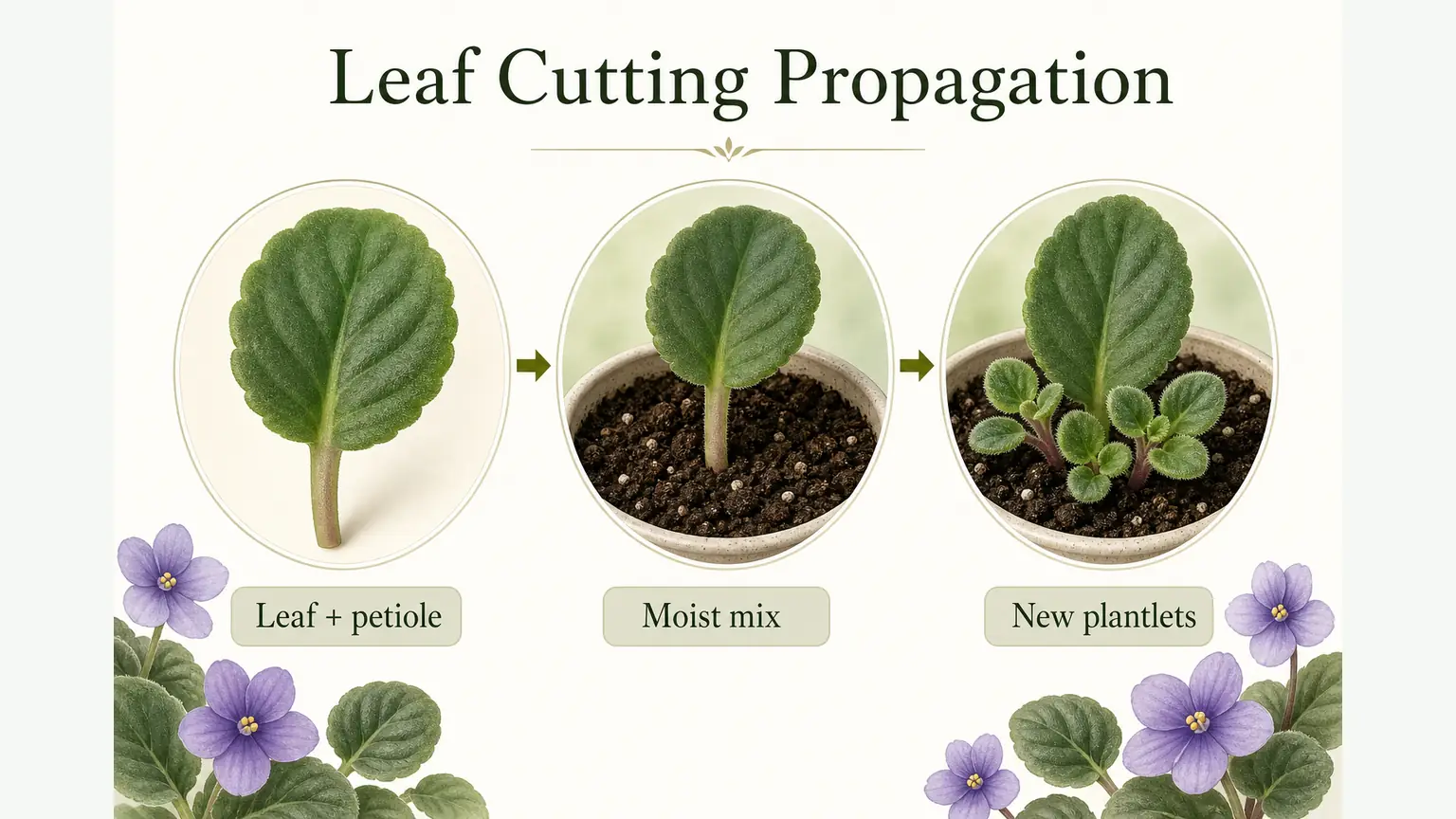 Illustrated African violet leaf cutting propagation sequence from petiole to new plantlets