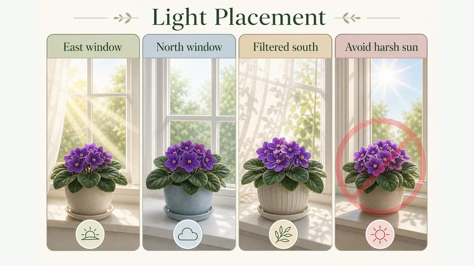 Illustrated African violet light placement guide comparing east, north, filtered south, and harsh sun positions