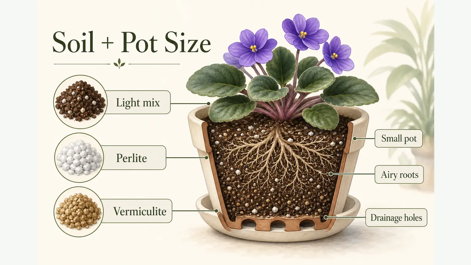 Illustrated African violet soil and pot size guide with airy roots, light mix, and drainage holes