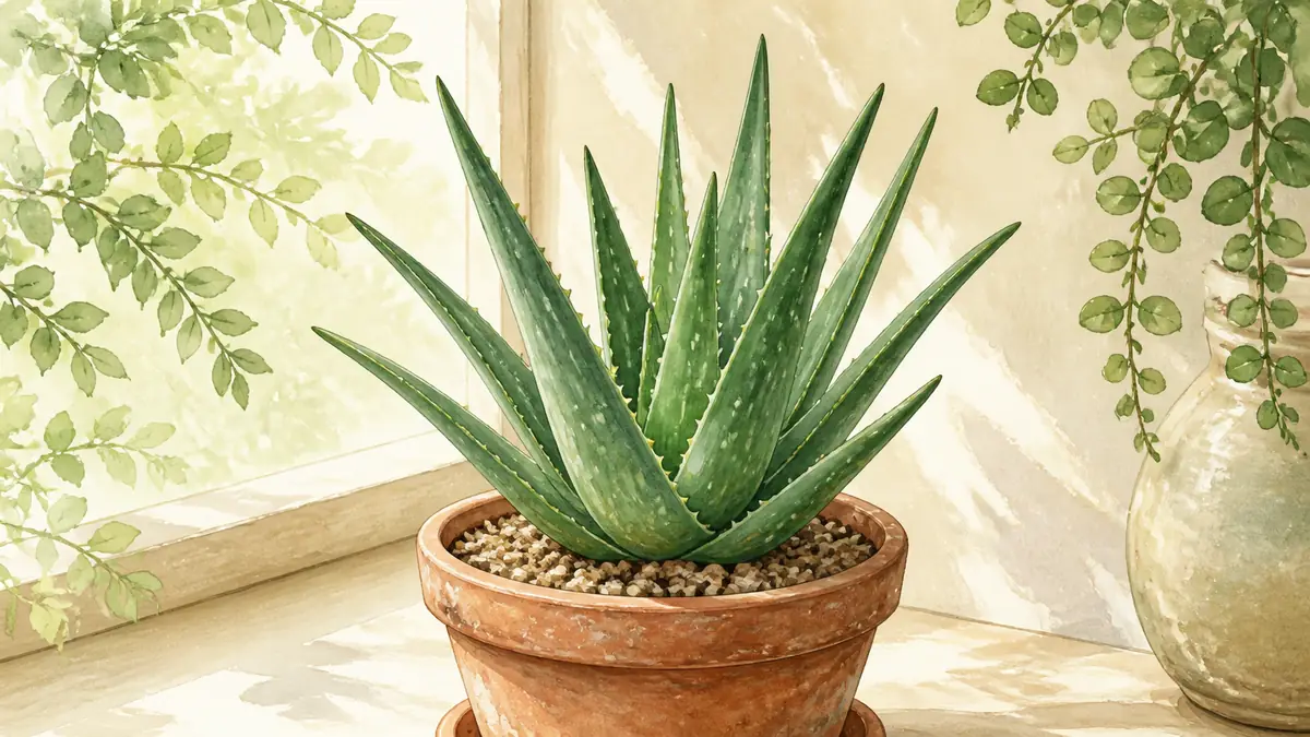 aloe vera care guide showing a healthy potted aloe with thick upright green leaves