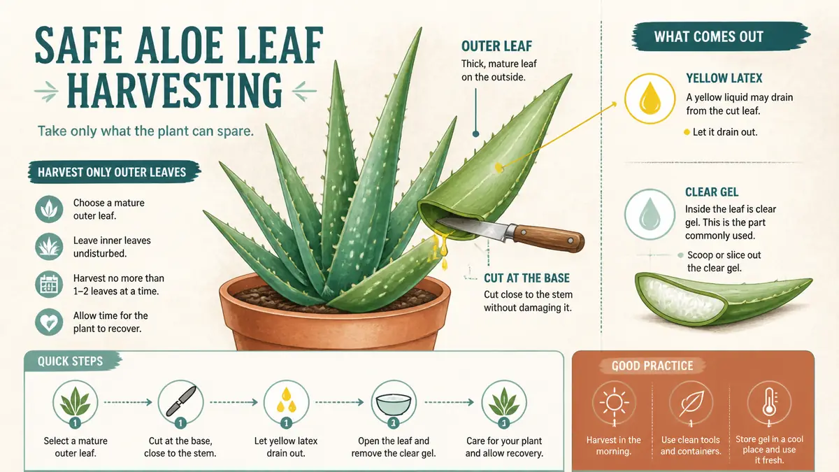 aloe vera care harvesting guide showing outer leaf cut and yellow latex draining