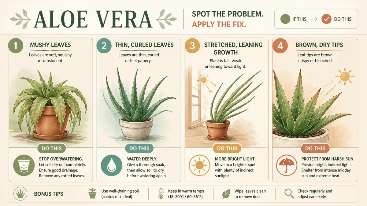 aloe vera care problem guide for mushy leaves thin leaves brown tips and leaning plant