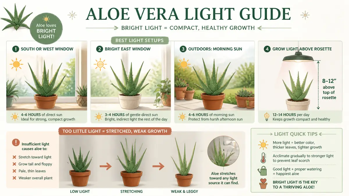 aloe vera care light guide showing bright window and grow light distance for compact growth