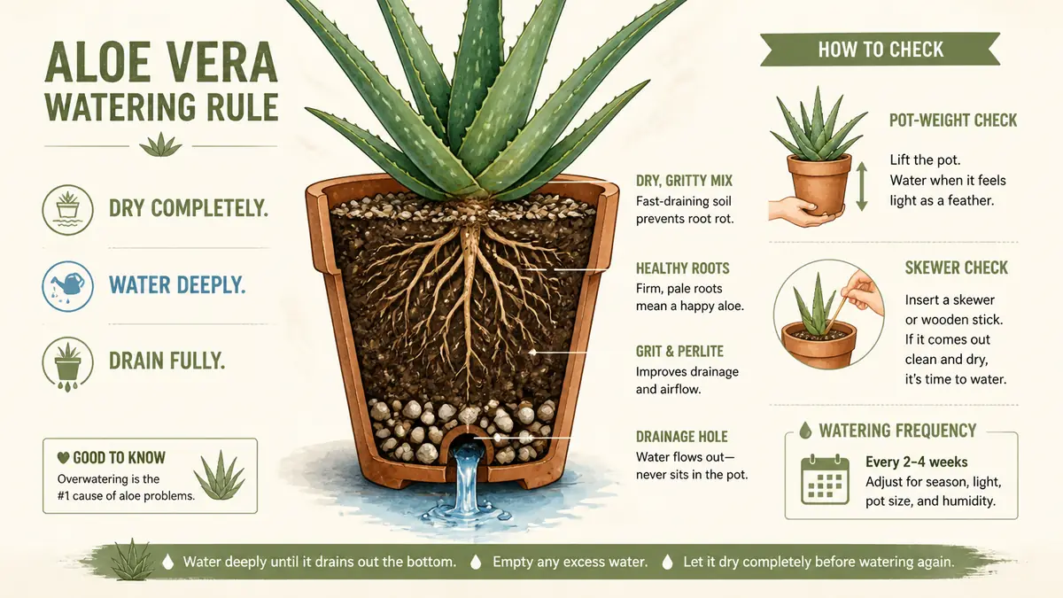 aloe vera care watering guide showing dry soil deep watering and drainage