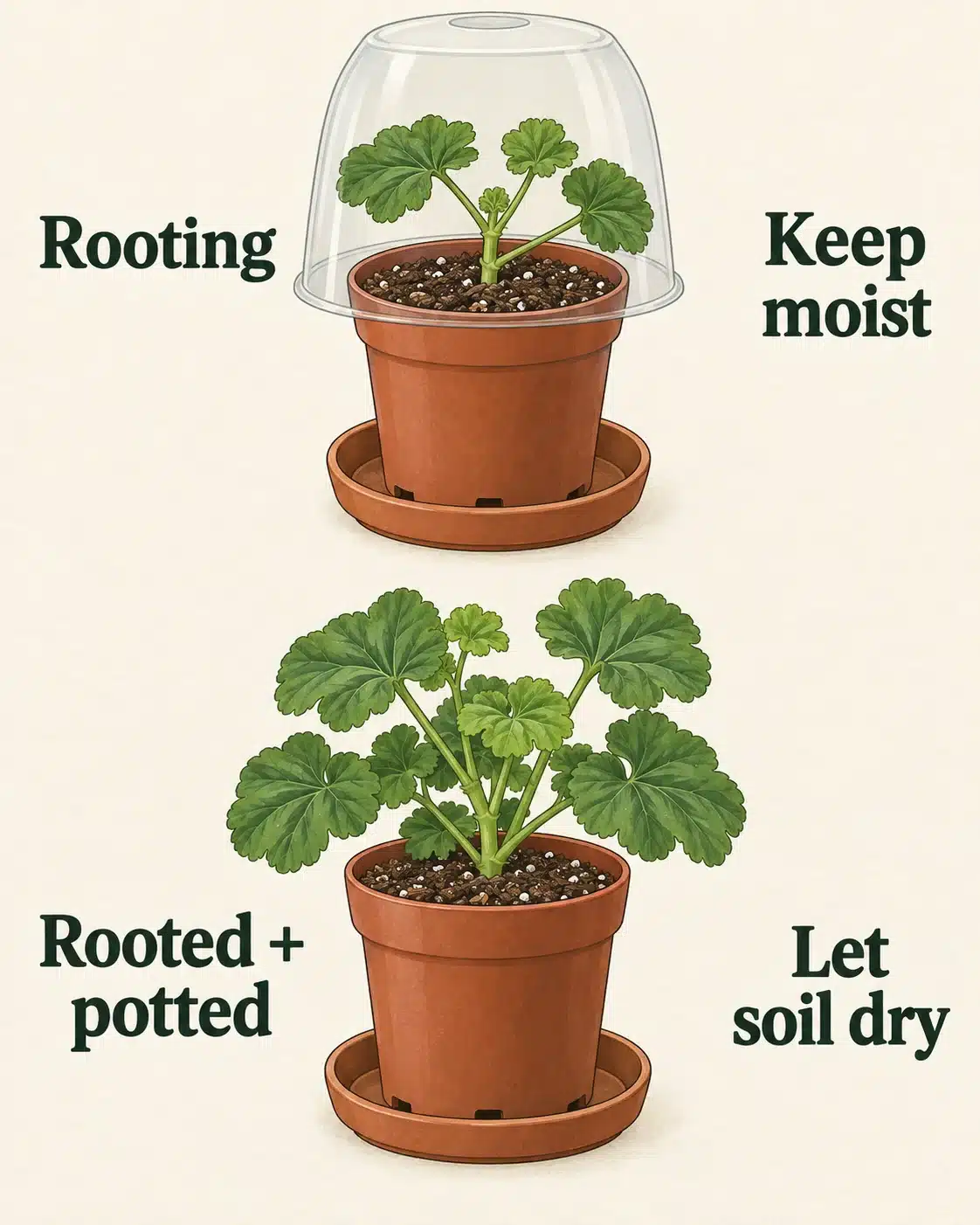 Two illustrated stages distinguish moist rooting medium from the dry-before-watering rule for a rooted, individually potted geranium.