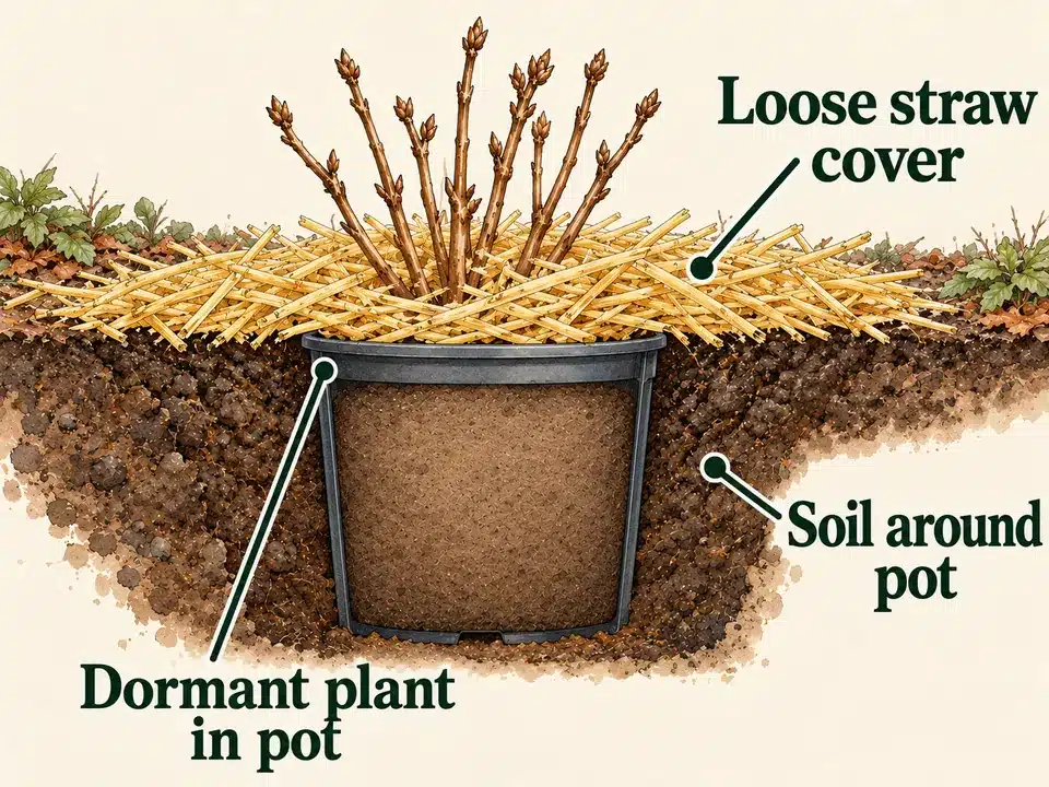Cutaway illustration shows a dormant hydrangea still in its pot, set into surrounding garden soil with a loose straw covering above.