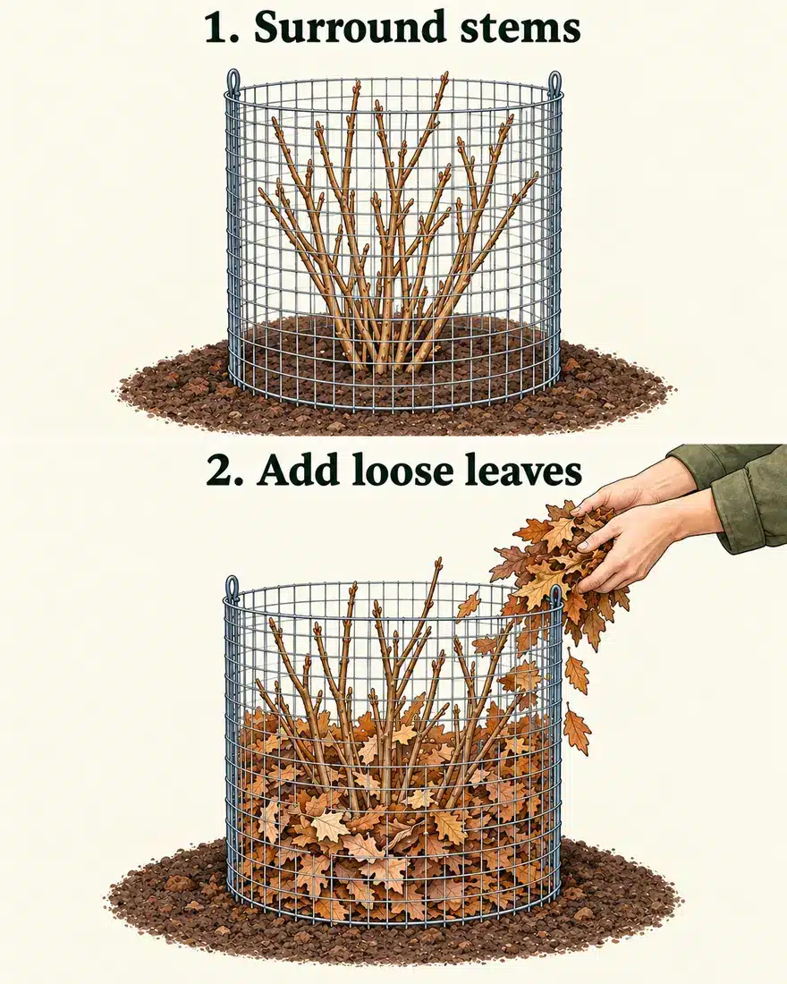 Two illustrated steps show a roomy mesh cylinder around dormant hydrangea stems, then loose fallen leaves added inside it.