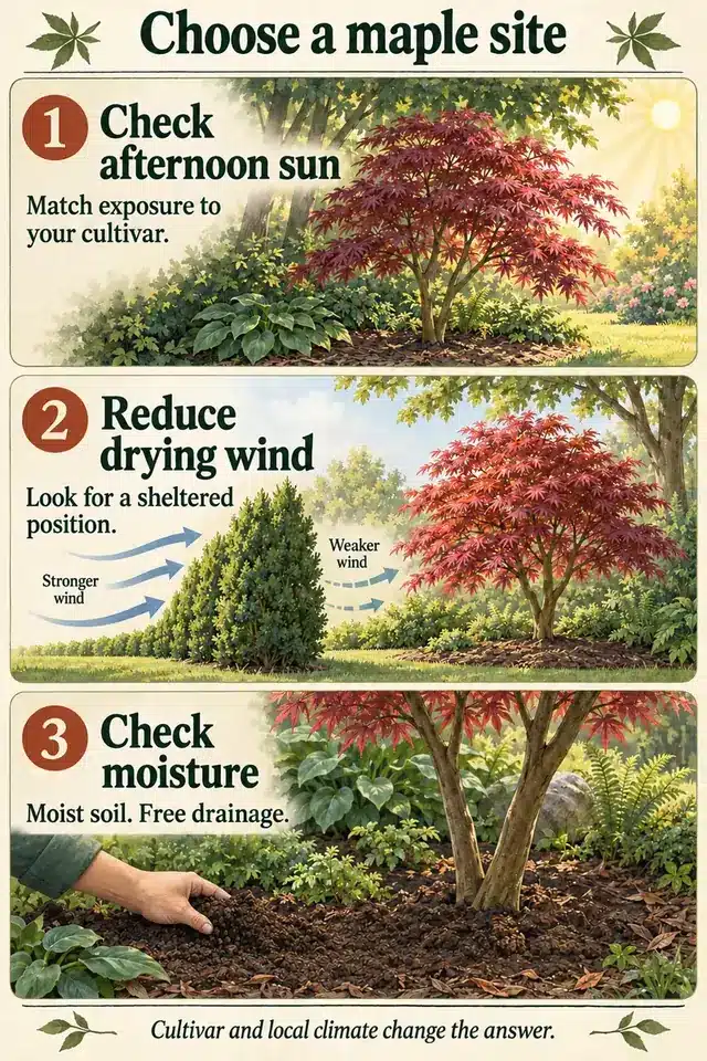 Illustrated guide to choosing a Japanese maple site: check afternoon sun, reduce drying wind, and check soil moisture and drainage.