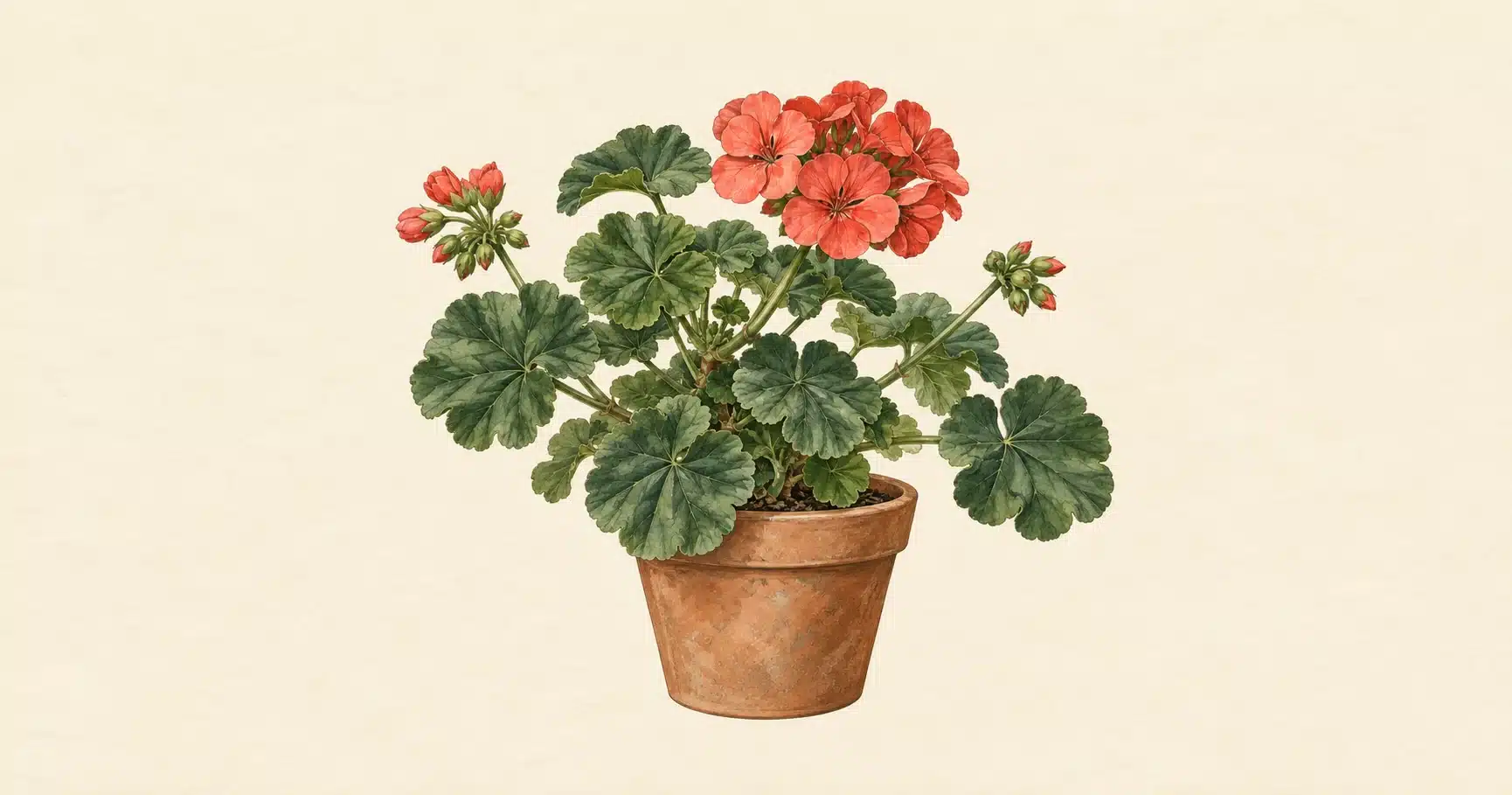 Botanical illustration of a common geranium in a terracotta pot.
