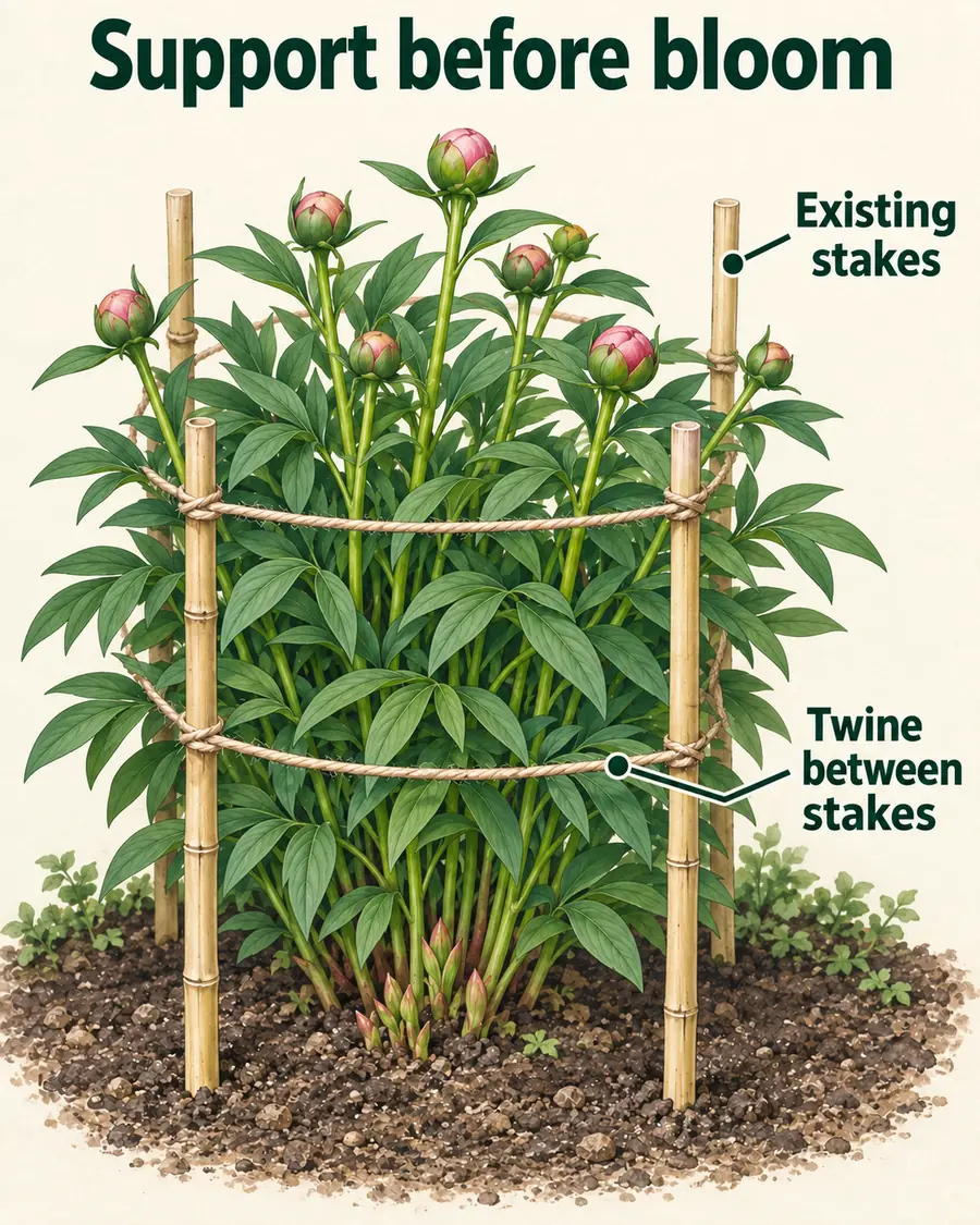 Illustrated herbaceous peony with unopened buds held inside twine loops attached to surrounding stakes.