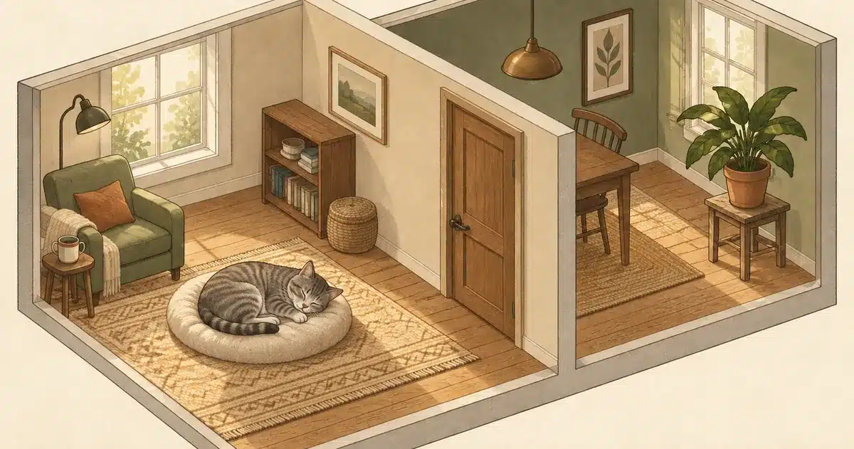 Illustration of a cat and a potted houseplant in separate rooms.