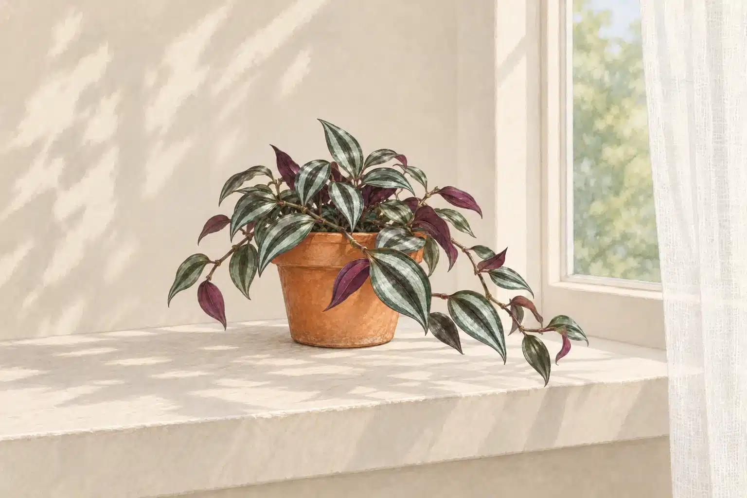 Botanical illustration of silver-striped Tradescantia zebrina trailing beside a softly lit window.