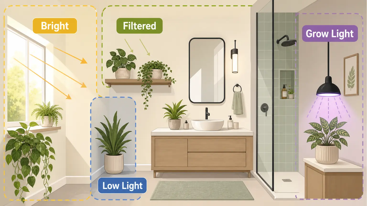 Illustrative bathroom plant light guide showing bright, filtered, low light, and grow light zones