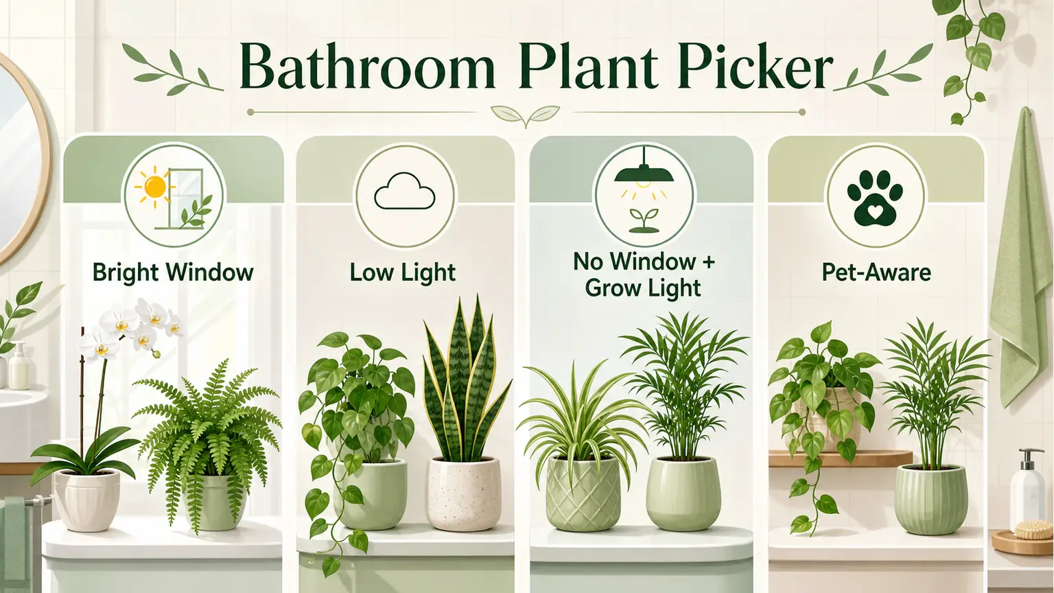Illustrative bathroom plant picker for bright windows, low light, windowless bathrooms, and pet-aware homes
