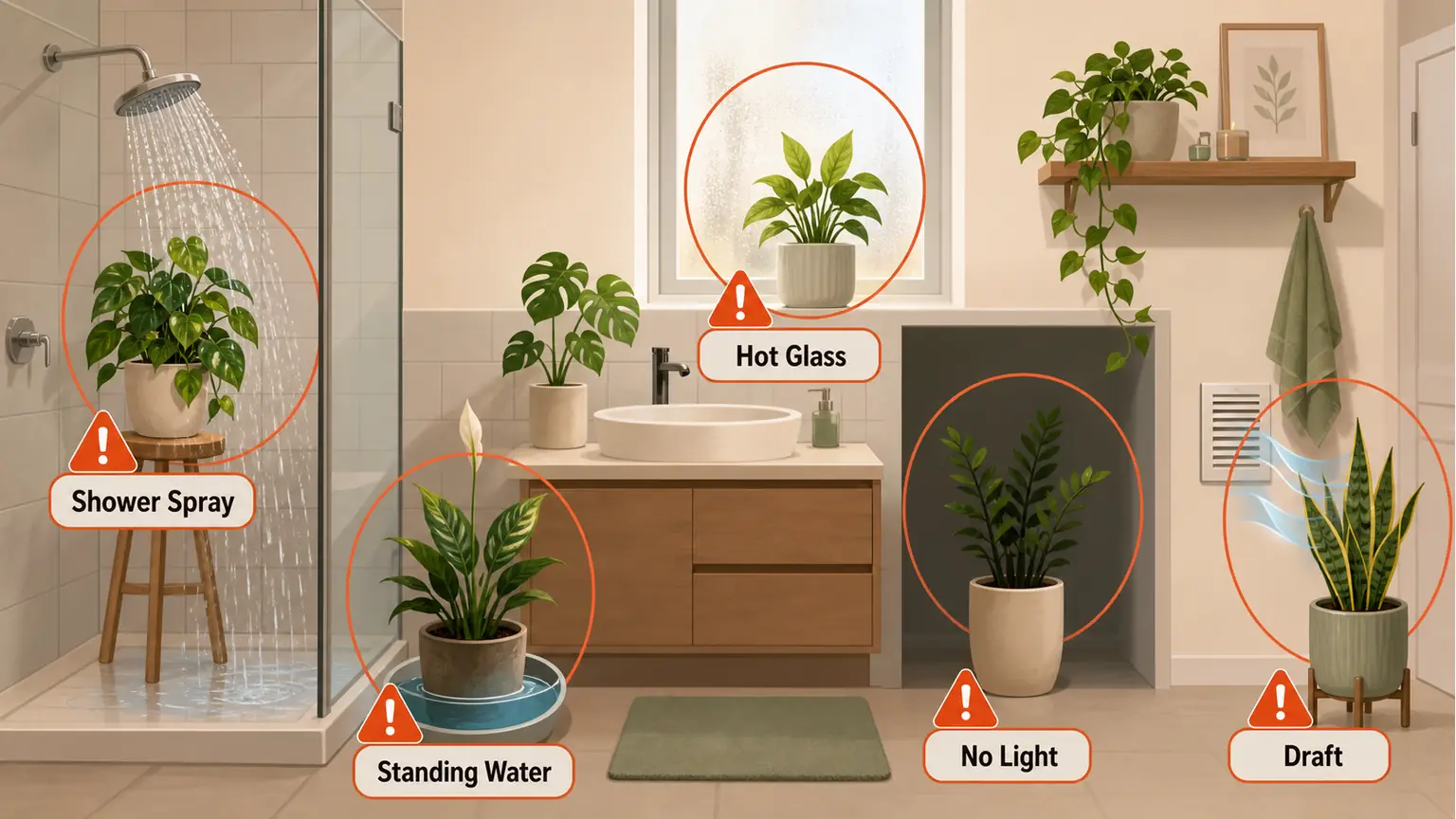 Illustrative bathroom plant placement mistakes including shower spray, standing water, hot glass, no light, and draft