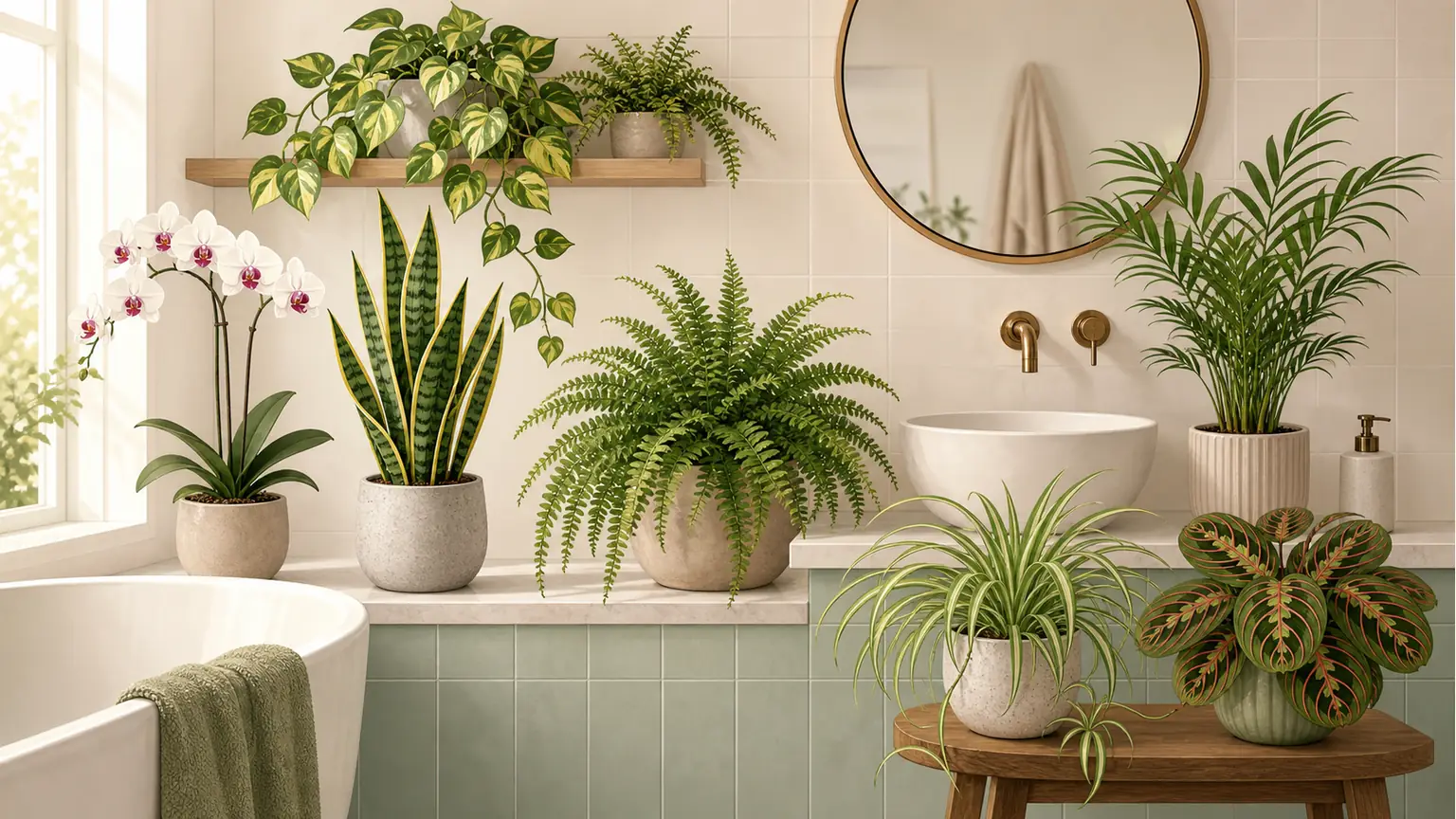Illustrative bathroom plant lineup with pothos, snake plant, fern, spider plant, parlor palm, prayer plant, and orchid