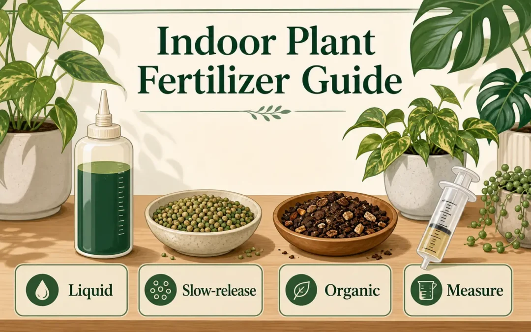 Illustrative indoor plant fertilizer guide with liquid feed, slow-release granules, organic feed, and measuring tools