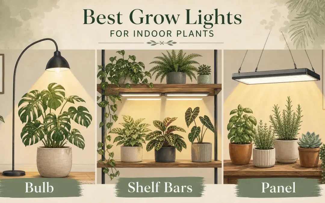 Illustrated grow light setups for indoor plants including a bulb, shelf bars, and panel light