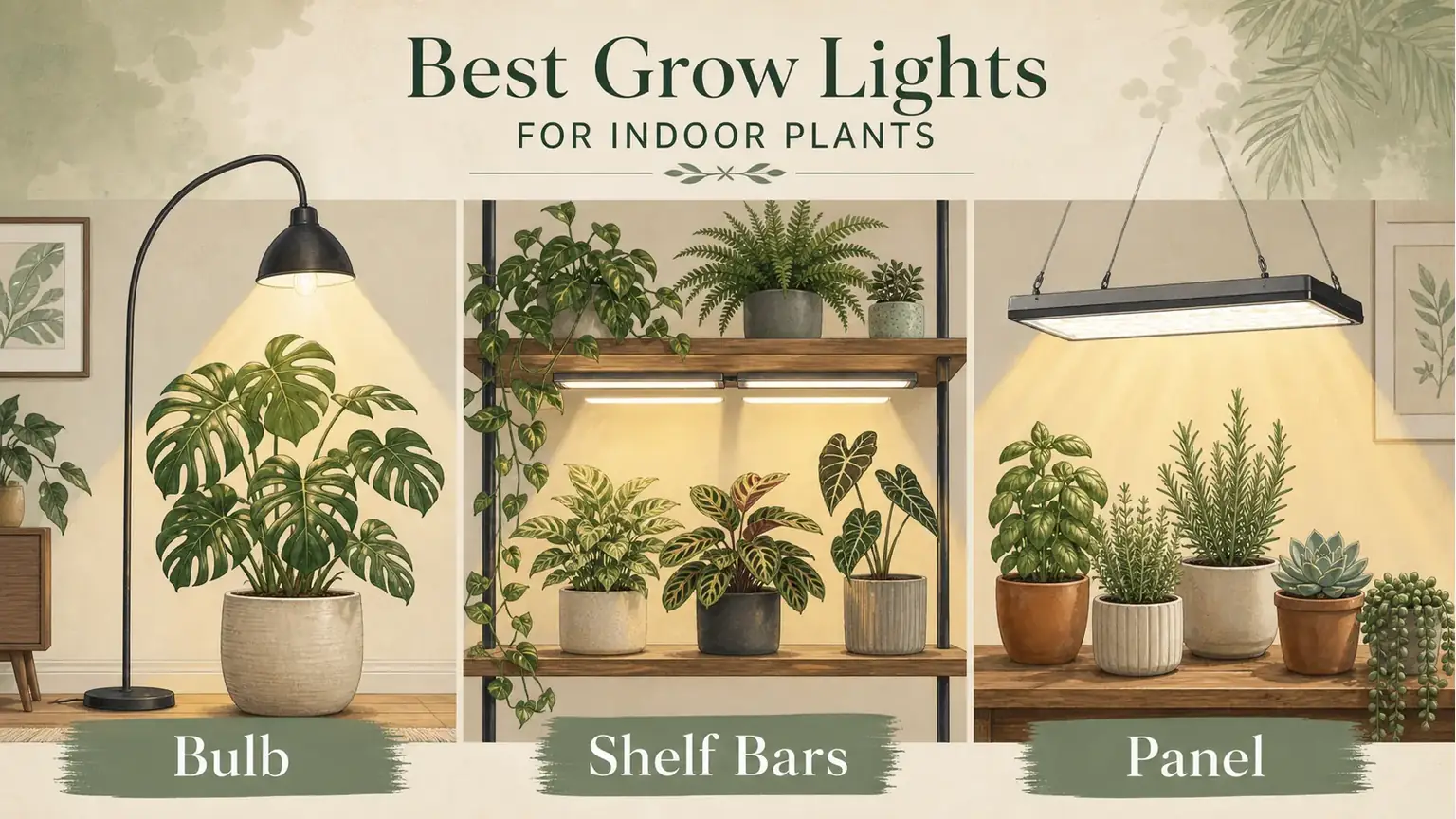 Illustrated grow light setups for indoor plants including a bulb, shelf bars, and panel light