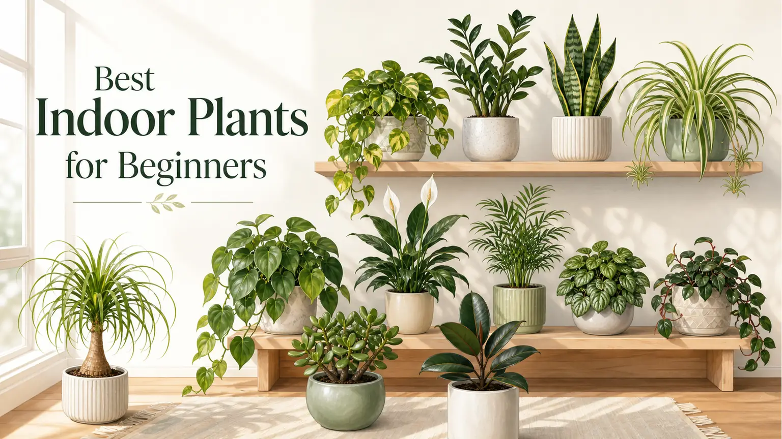 Illustrated lineup of beginner indoor plants on shelves and a floor corner