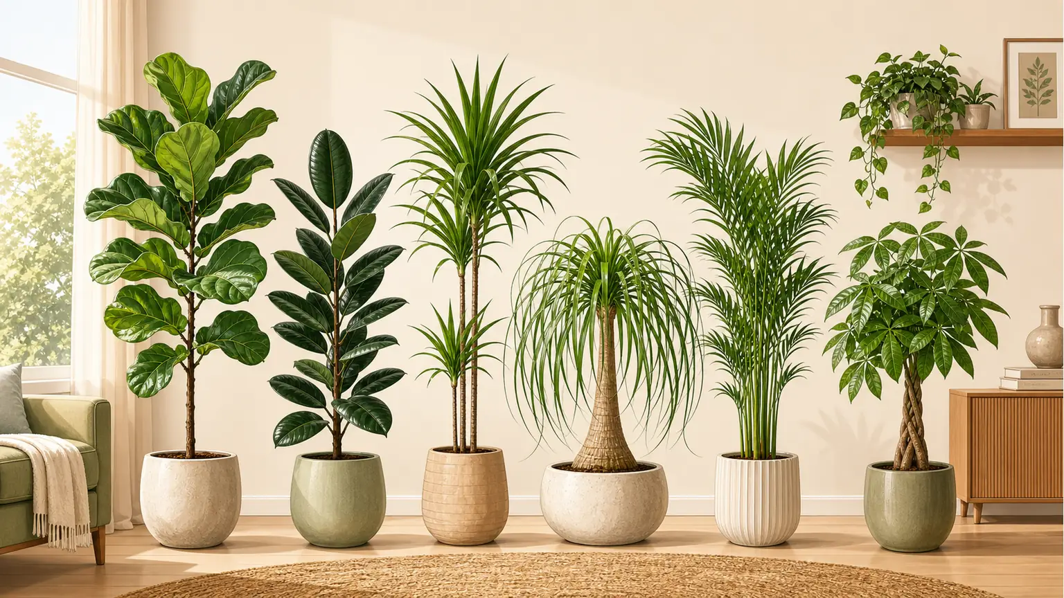 Illustrative lineup of tall indoor trees and floor plants in a bright living room