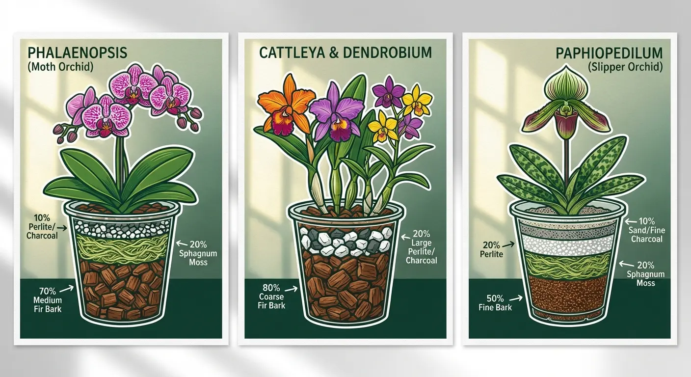 Different orchid potting mix recipes for Phalaenopsis, Cattleya, Dendrobium, and Paphiopedilum orchids to provide proper moisture and aeration.