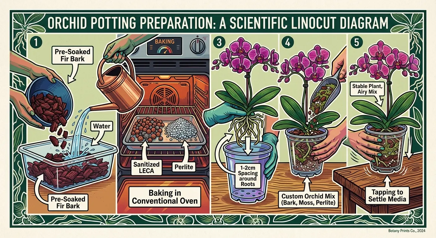 Step-by-step guide to preparing the best orchid potting mix, ensuring proper drainage and aeration for healthy orchid growth.