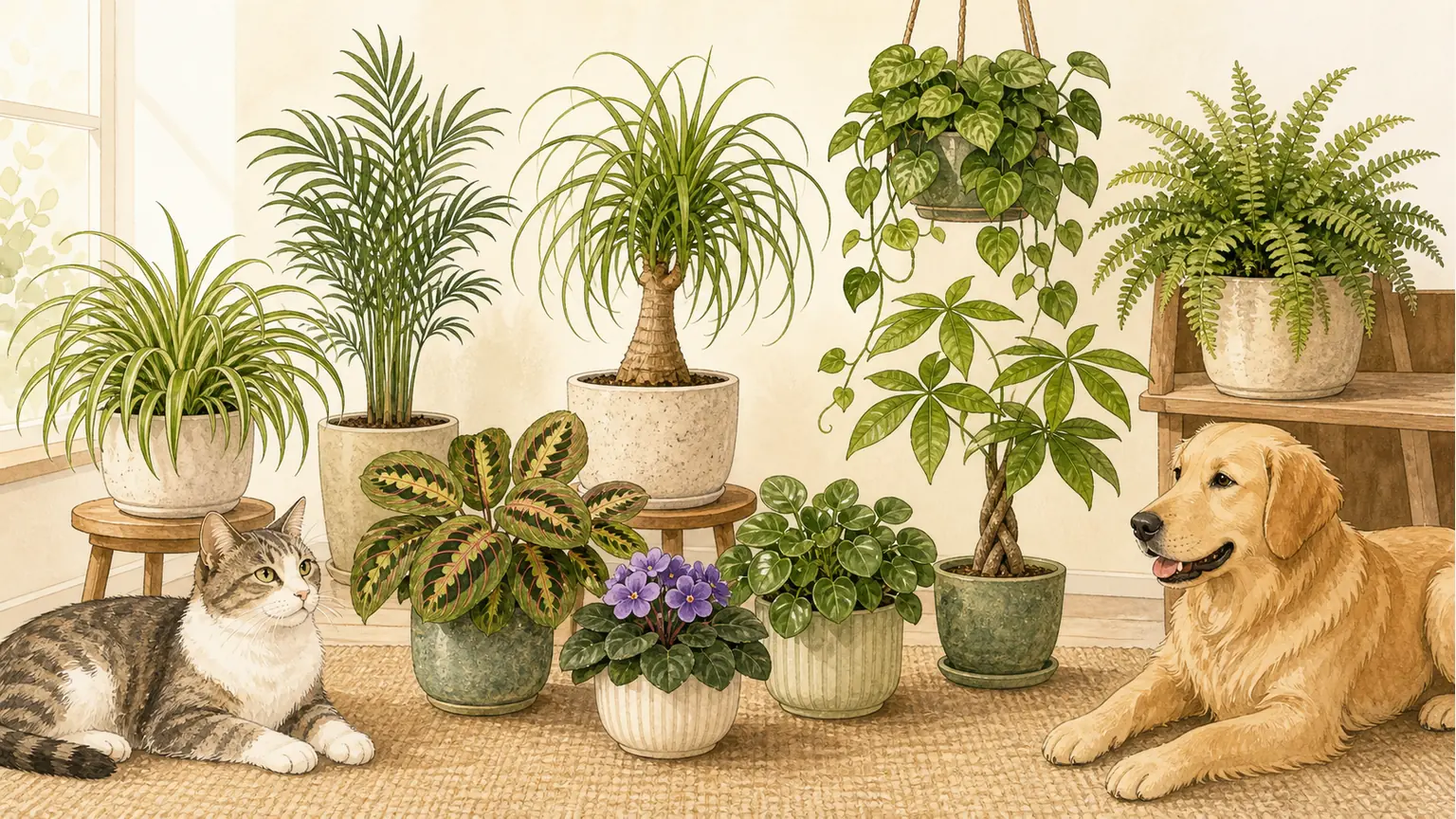 Best pet-safe indoor plants for cats and dogs in a warm illustrated home interior