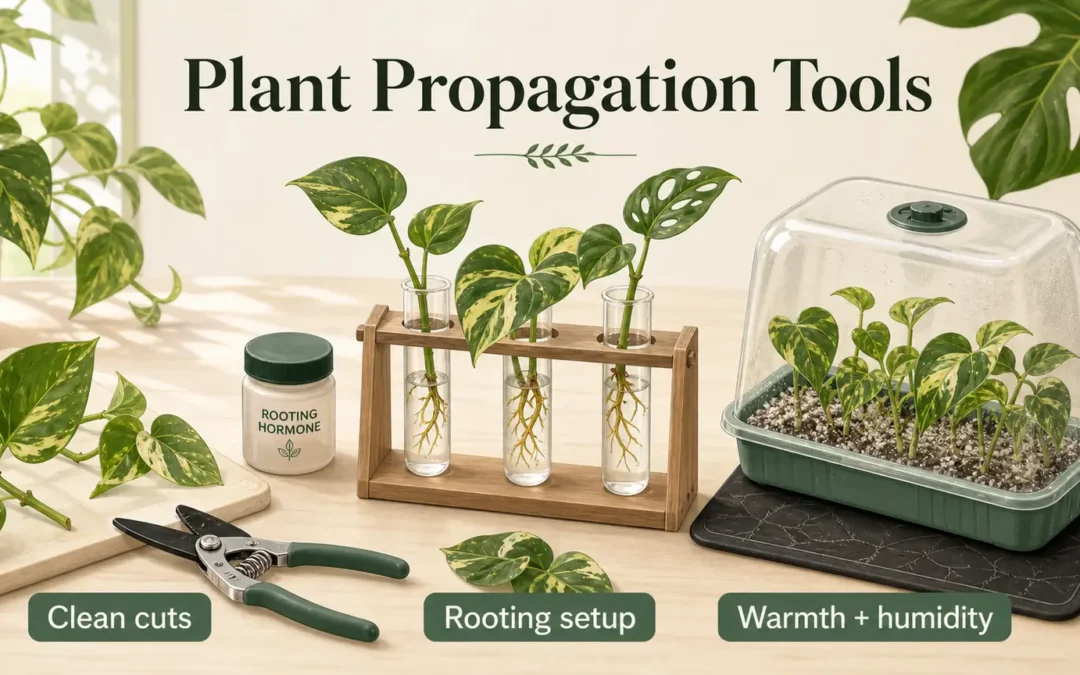 Illustrated plant propagation tools for houseplant cuttings including snips, glass stations, heat mat, and humidity dome