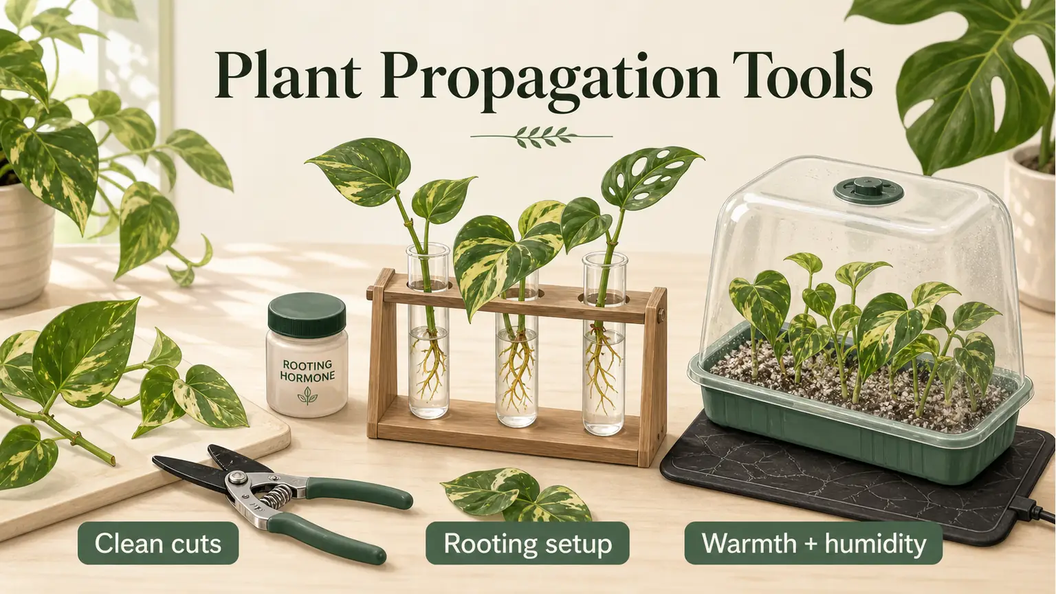 Illustrated plant propagation tools for houseplant cuttings including snips, glass stations, heat mat, and humidity dome