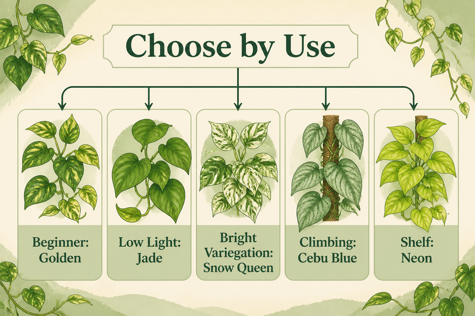 Illustrated guide choosing pothos varieties by use case such as low light, beginner care, climbing, and variegation
